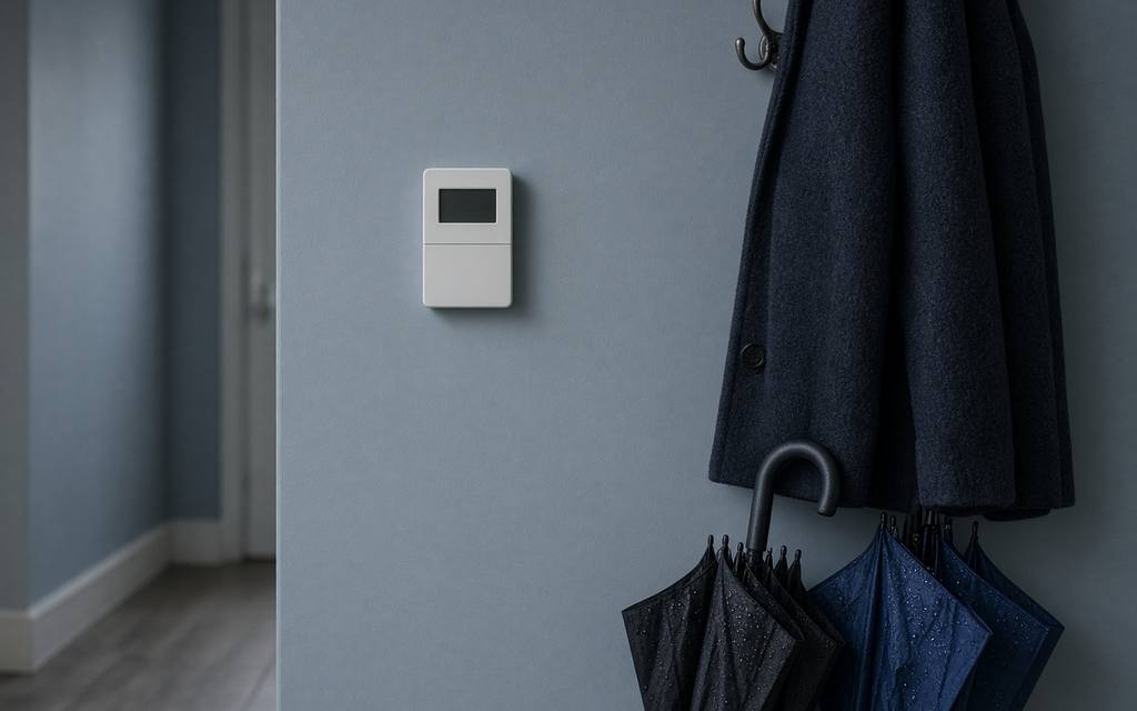 Hallway thermostat beside winter coats and umbrellas in a British home