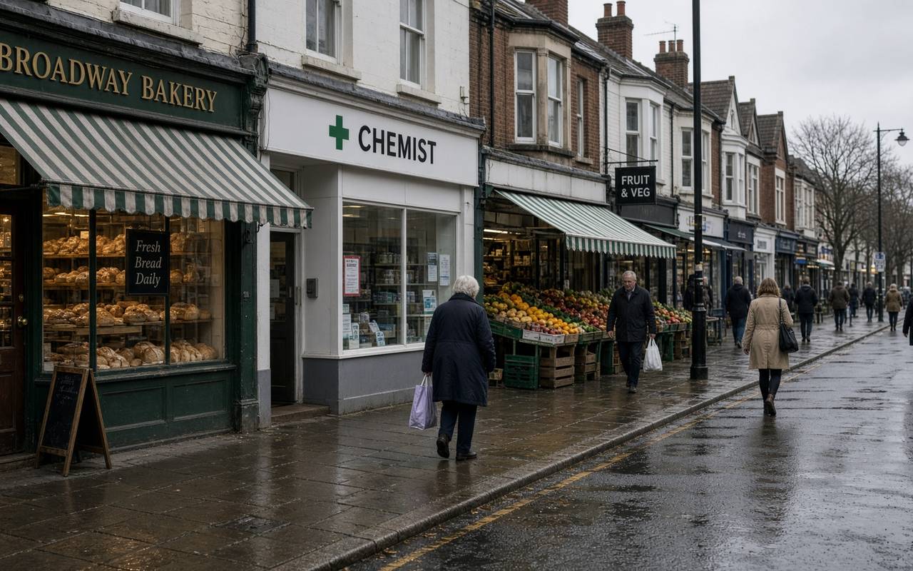 Wet British high street with independent shops and pedestrians