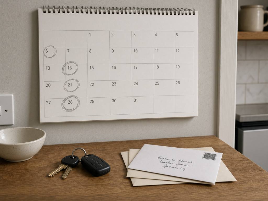 Kitchen wall calendar with dates circled above a counter of keys and post