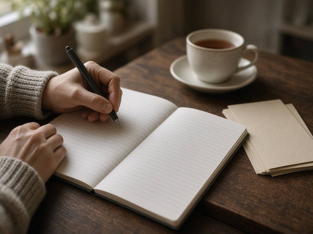 Hands writing in a household ledger at a wooden desk