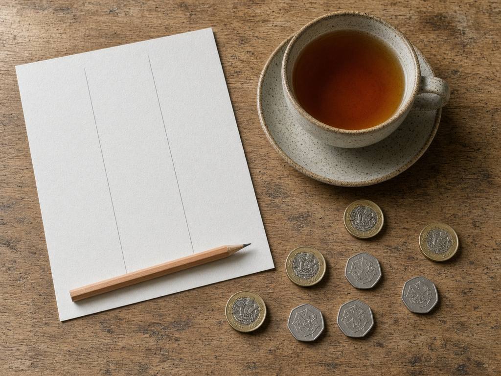 Notebook, pencil, tea and coins laid out for a budget session