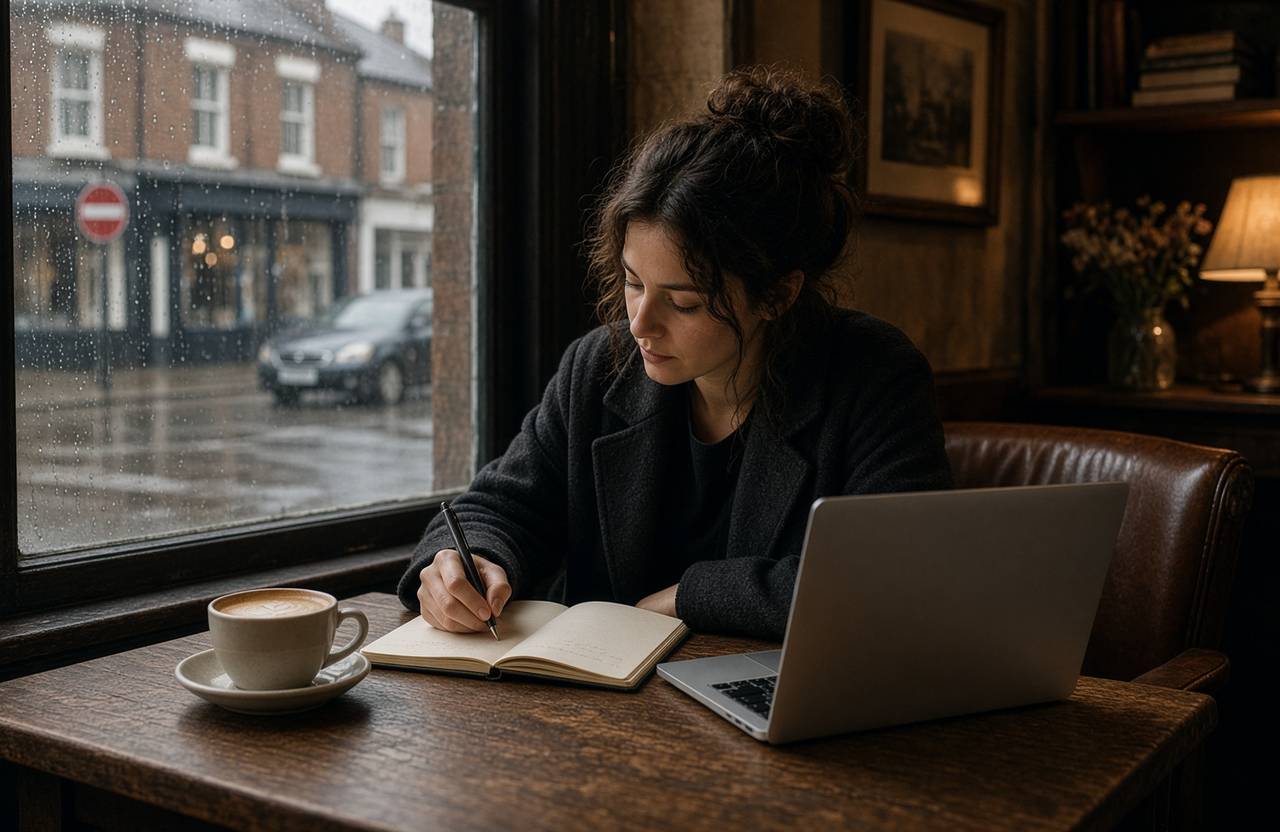 Person planning at a notebook in a quiet cafe on a rainy day