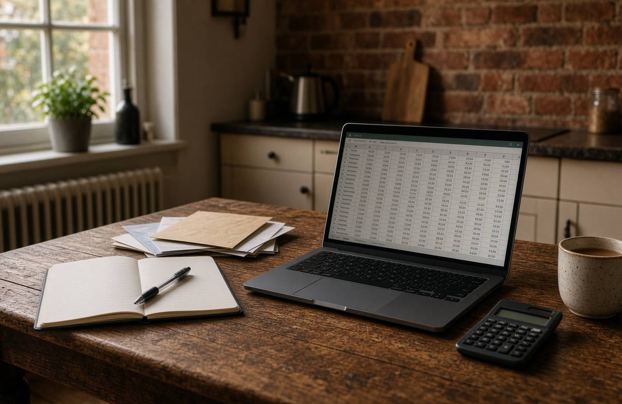Kitchen table with a household budget notebook, calculator, tea and unopened post