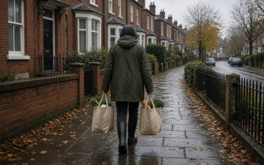 Person carrying grocery bags along a wet residential pavement