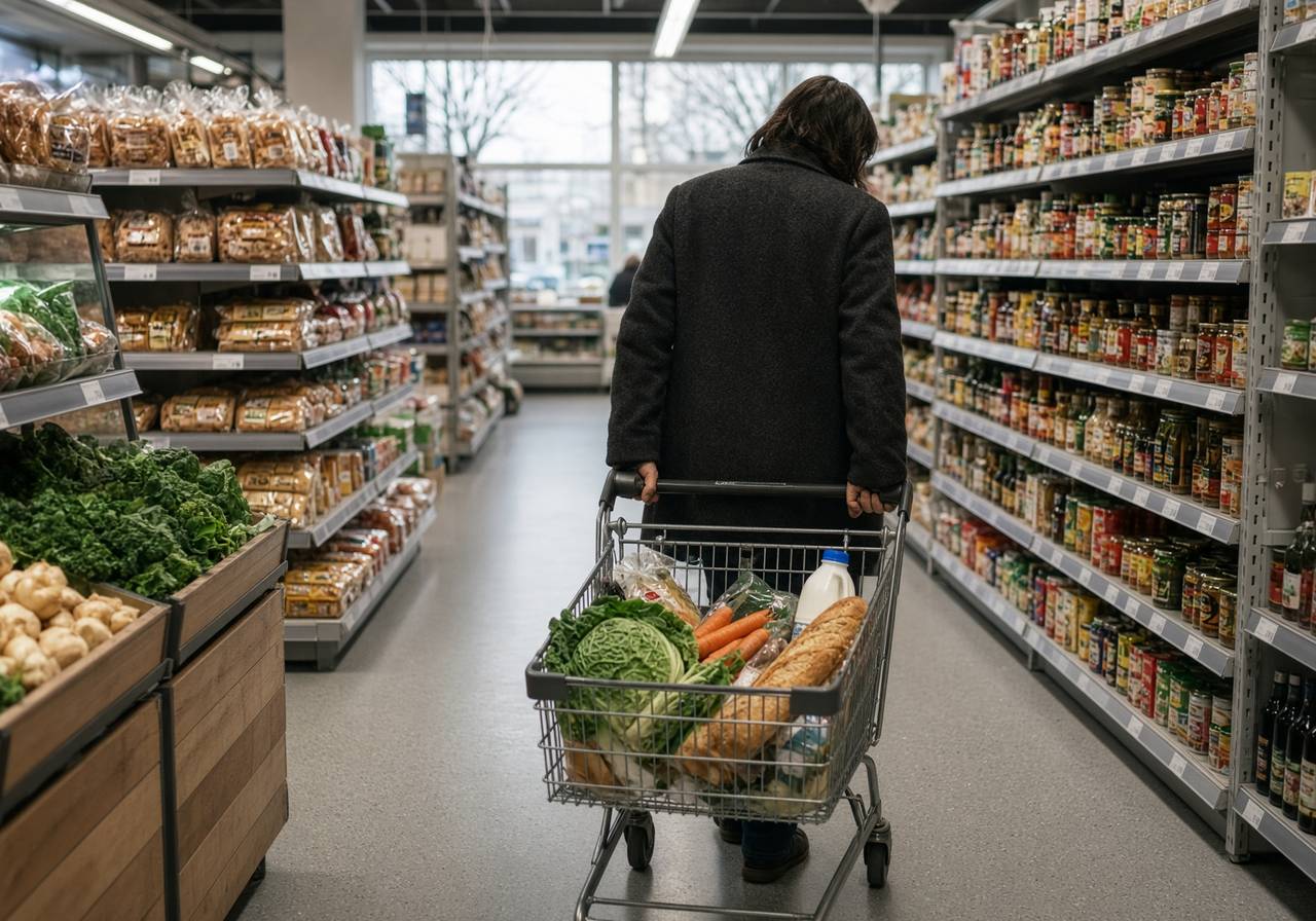 Shopper with a trolley in a British supermarket aisle