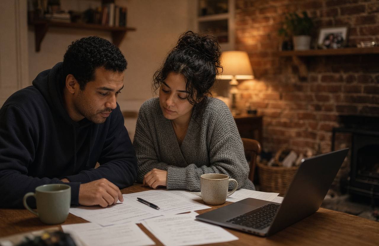 Couple reviewing household paperwork together at a dining table