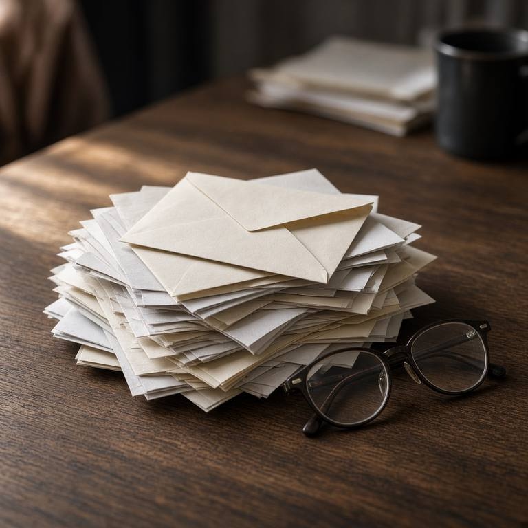 Stacked household envelopes and reading glasses on a dark oak table