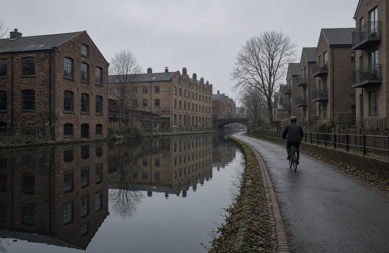 Birmingham canal with brick warehouses on a grey morning