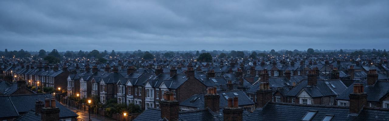 Wet rooftops and chimneys of a British suburb at dusk