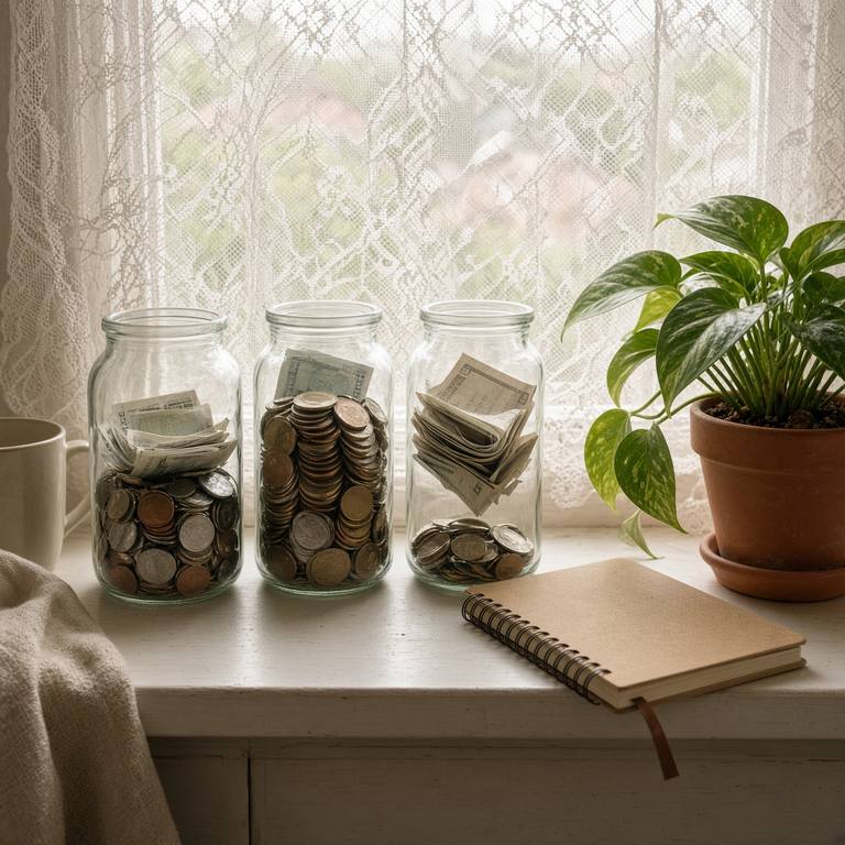 Glass jars of coins on a kitchen windowsill