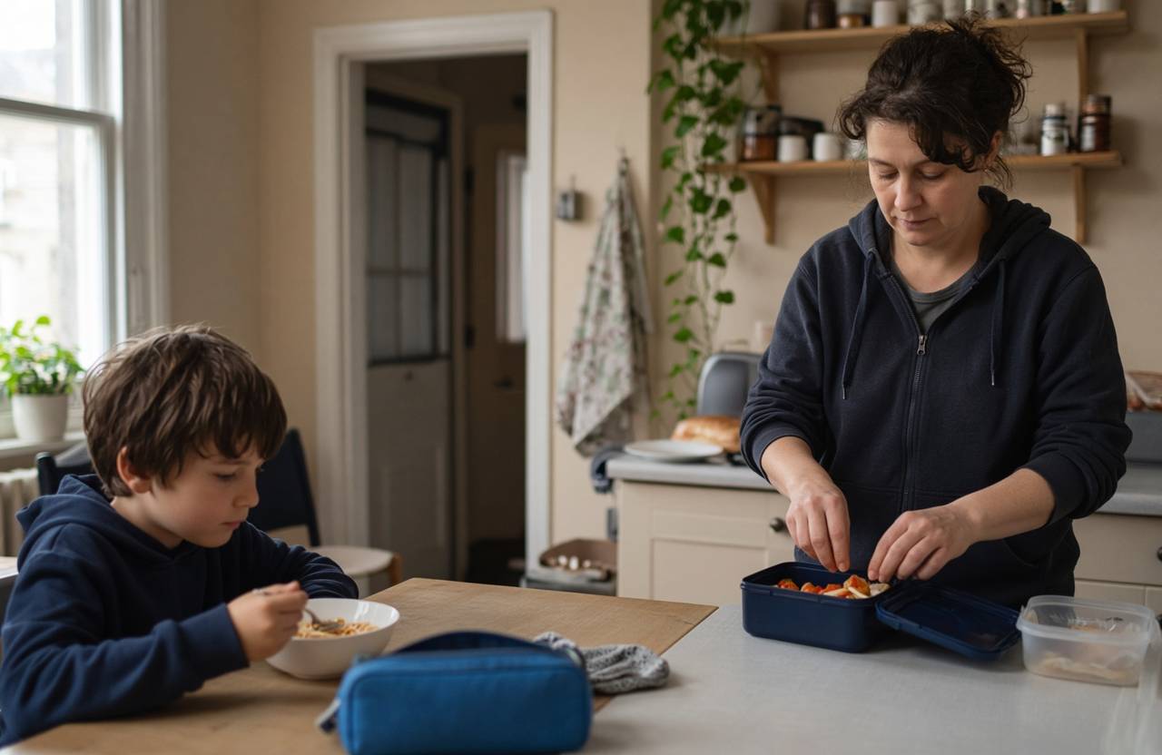 Parent packing lunchboxes while a child sits at a kitchen table