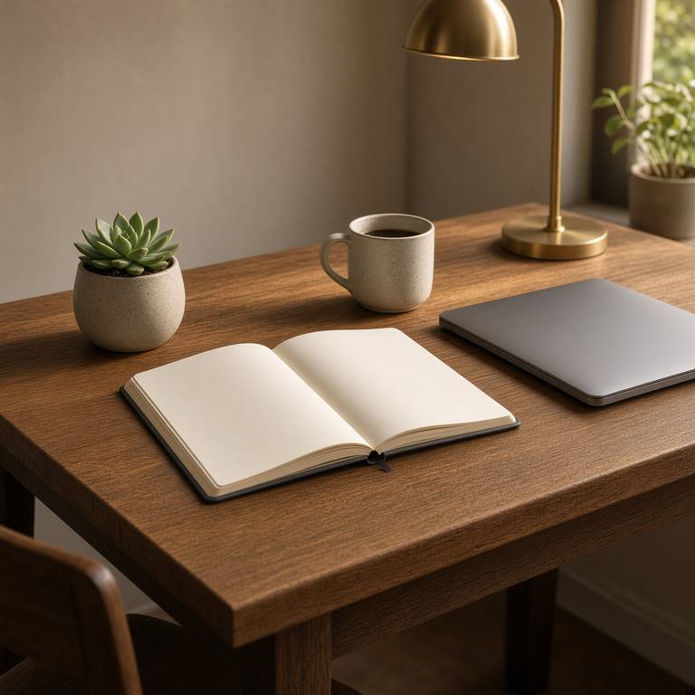 Quiet wooden desk with a closed laptop, notebook and lamp
