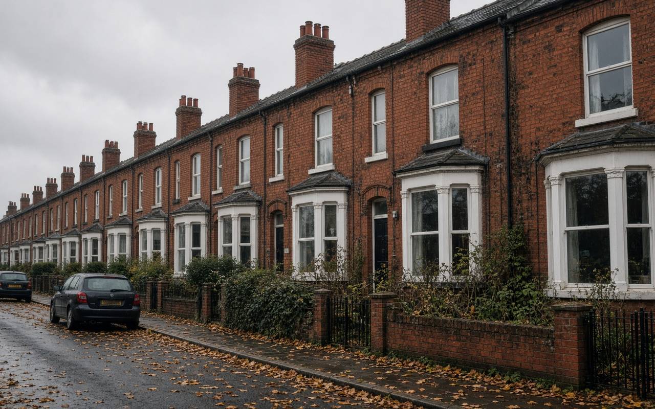 Red-brick terrace houses on a wet Birmingham street
