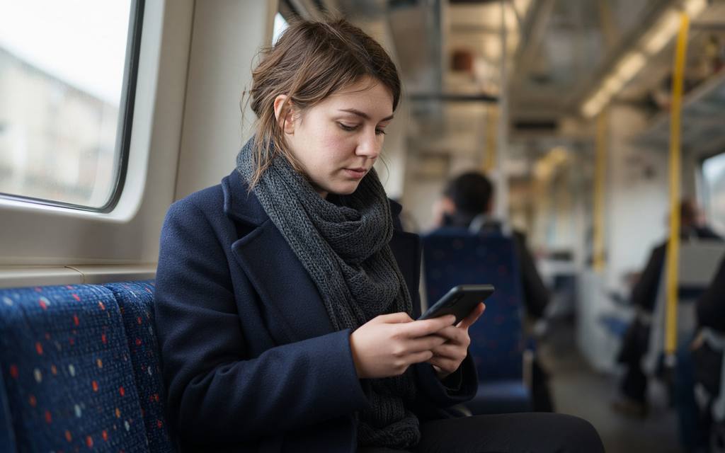Young woman checking her phone on a UK commuter train