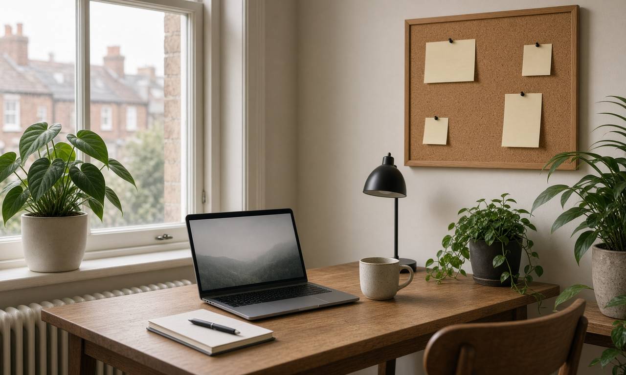 Home office desk by a sash window with a laptop and notebook for household planning